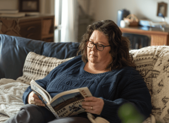 Eine übergewichtige Frau sitzt auf einem Sofa und liest ein Magazin.