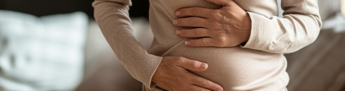 Frau mittleren Alters hält beide Hände am Bauch, sie hat die Augen geschlossen und einen Gesichtsausdruck von Unwohlsein