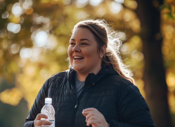 Frau in Park mit Wasserflasche