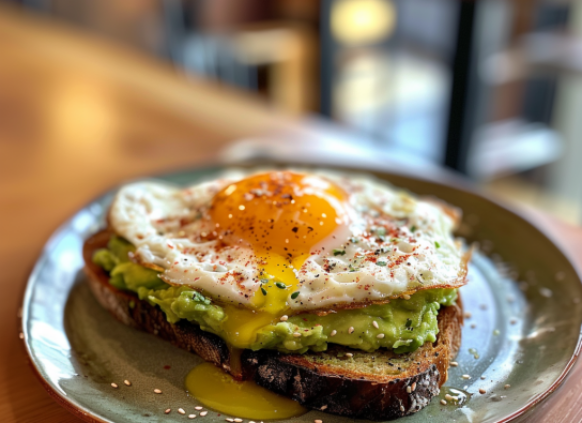 Ein Avocadobrot mit Spiegelei auf einem Teller.