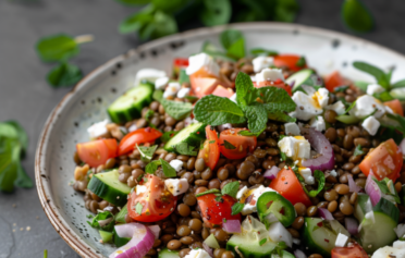 Linsensalat in einer großen Schüssel.