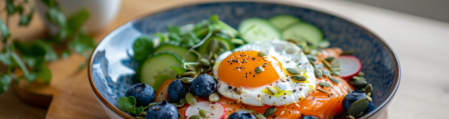 Teller mit einem Slat, Lachs und Spiegelei. Einem passenden Gericht für die Paleo Ernährung.