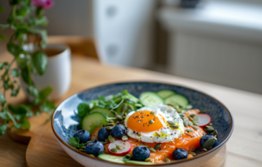 Teller mit einem Slat, Lachs und Spiegelei. Einem passenden Gericht für die Paleo Ernährung.