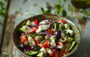 Eine Schüssel mit Mediterranem Salat mit Feta und Oliven.