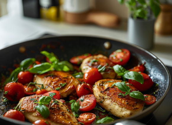 In einer Pfanne sind Hähnchen Filets gebraten mit frischen Tomaten und Basilikum.