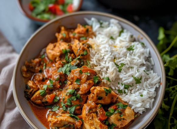 Eine Schüssel mit Chicken Curry und Reis.