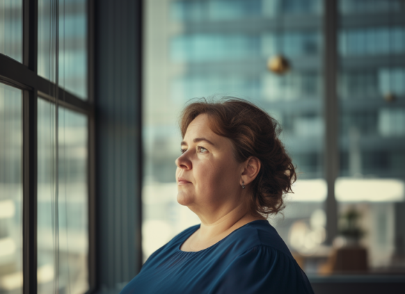 Eine übergewichtige Frau im blauen Kleid steht vor einem Fenster und sieht nach draußen.