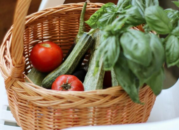 Ein Korb befüllt mit frischem regionalem Gemüse, wie Tomaten, Gurken und Kräutern.