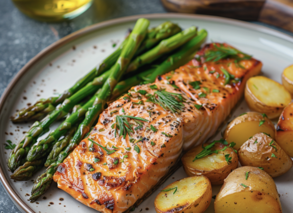 Gegrillter Lachs auf einem Teller mit Spargel und Ofenkartoffeln