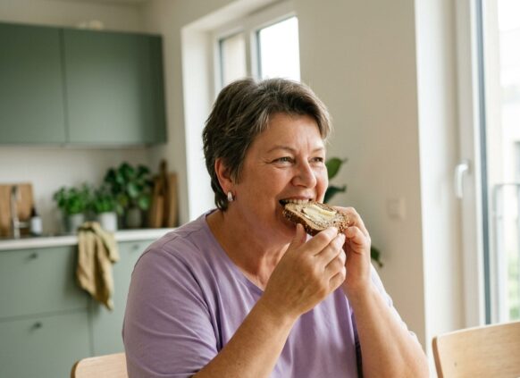 KI-generiert: Frau isst Brot