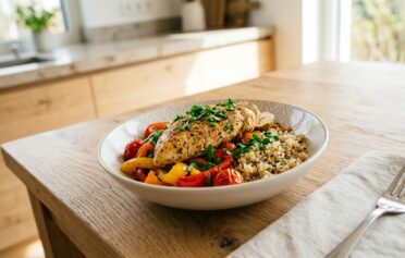 Haehnchenbrust-mit-Paprika-Tomaten-Gemuese-Quinoa