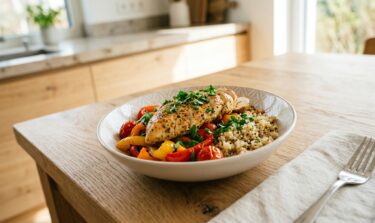 Haehnchenbrust-mit-Paprika-Tomaten-Gemuese-Quinoa