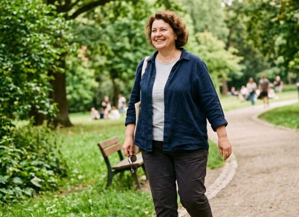 KI-generiert: eine Frau spaziert im Park