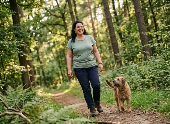 KI-generiert: Eine Frau spaziert mit ihrem Hund durch den Wald