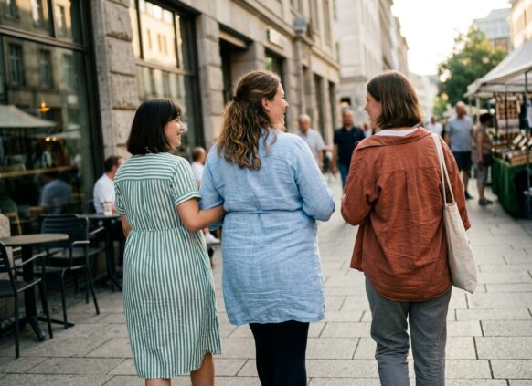 KI-generiert: Freundinnen laufen durch die Innenstadt