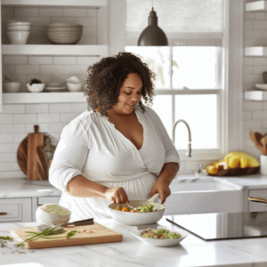 Poc Frau steht in einer weißen modernen Küche mit einer Pfanne in der Hand und kocht.