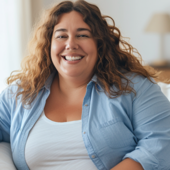 Plus Size Frau in hellblauer Bluse mit braunen lockigen Haaren sitzt auf einem hellen Sofa und schaut glücklich.