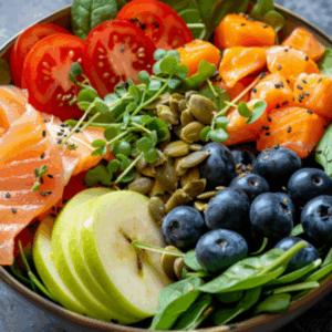 Ein blutdruckfreundlicher Salat au Spinat, Obst und Lachs.