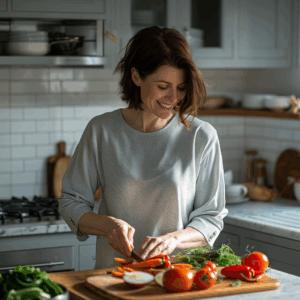 Eine Frau steht in einer modernen Küche und schneidet Gemüse.