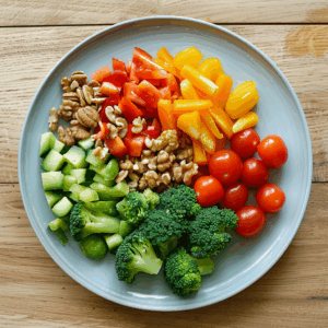 Teller mit Gemüse und Nüssen darauf.