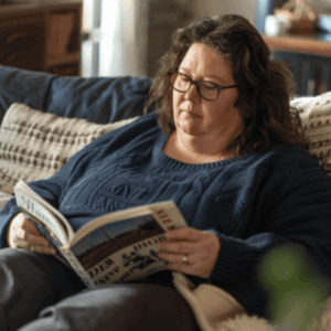 Eine übergewichtige Frau sitzt auf einem Sofa und liest ein Magazin.