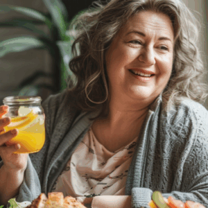 Übergewichtige, glückliche Frau mit Orangensaft