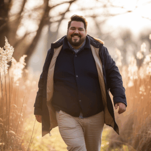 Adipositöser Mann geht in der Natur spazieren.