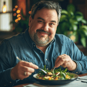 Plus size Mann isst Salat