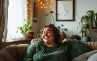 Adipositöse Frau sitzt in einem gemütlichen Wohnzimmer lachend auf einem Sofa