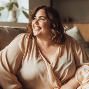 plus size Frau sitzt auf einem Sofa und schaut glücklich zur Seite