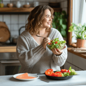 übergewichtige Frau isst in der Küche einen Salat