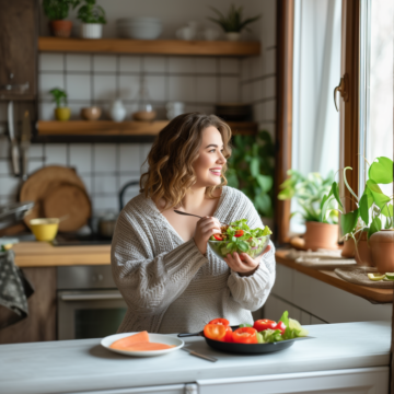übergewichtige Frau isst in der Küche einen Salat