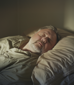 Ein übergewichtiger Mann liegt im Bett und schläft tief.