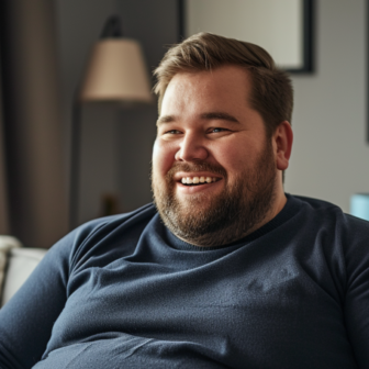 Ein Mann im blauen Pullover mit einem Bierbauch sitzt lachend auf einem Sofa.