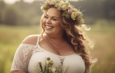 Glückliche Plus size Frau im Brautkleid.