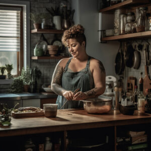 Eine junge Frau steht mit einer Schürze in der Küche und bereitet etwas zu essen vor.