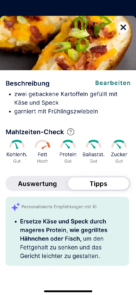 App Screen mit Mahlzeitenfeature