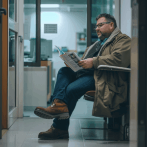 Person in einem Flur am Laptop