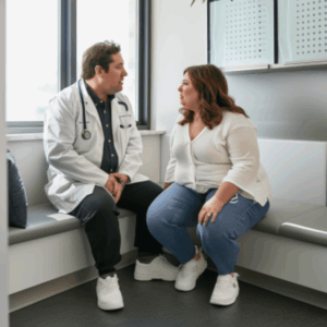 zwei Personen reden in einem Zimmer über eine Adipositas Kur