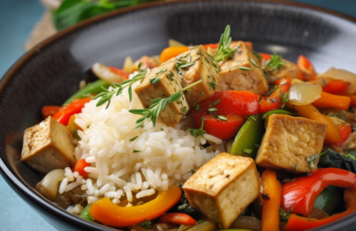 Reis mit gebratenem Tofu und Gemüse