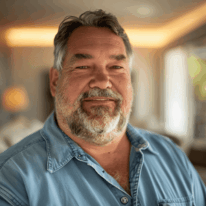 Ein fröhlich lächelnder plus size Mann