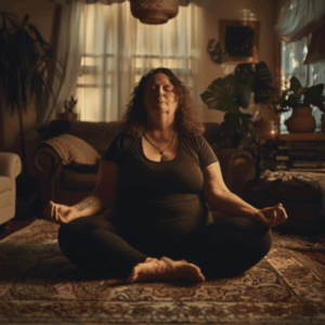 Plus size Frau macht Yoga im Wohnzimmer.