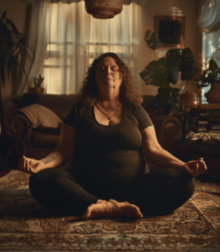 Plus size Frau macht Yoga im Wohnzimmer.