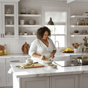 Poc Frau steht in einer weißen modernen Küche mit einer Pfanne in der Hand und kocht.