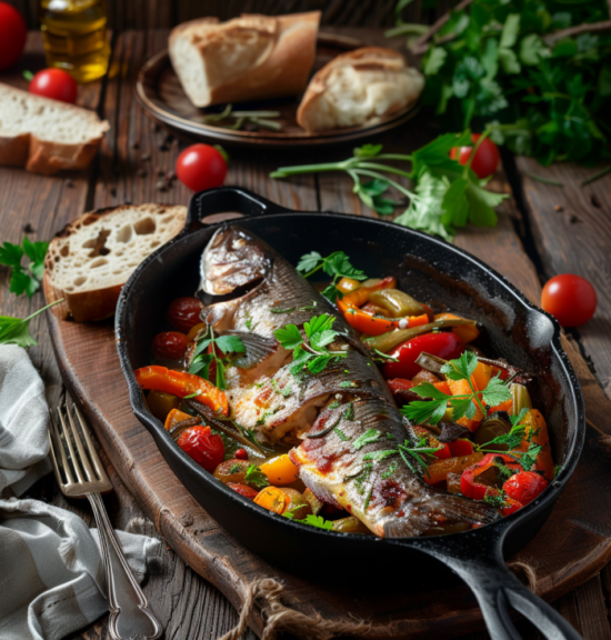 Ein meditteranes Gericht bestehend auf buntem Ofengemüse und gebackenem Fisch.