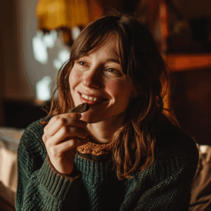 frau mit barunen haare ist ein stück schokolade