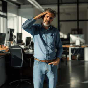 Mann im blauen Hemd steht in eienem Büro. Er hat einen schmerzverzerrten Gesichtsausdruck und fässt sich an den Kopf.