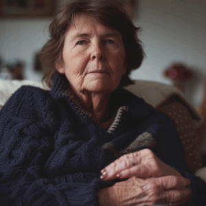 Ältere Dame sitzt auf einem Sessel und hält sich ihre Hände.