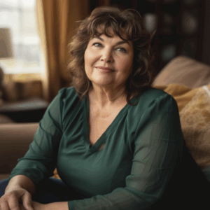 Ältere Dame mit braunen Haaren sitzt auf einem Sofa im Wohnzimmer und lächelnd in die Kamera.