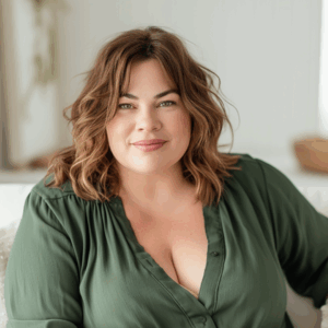 Plus size Frau mit braunen Haare in einem grünen Kleid, sitzt auf einem weißen Sofa und lächelt